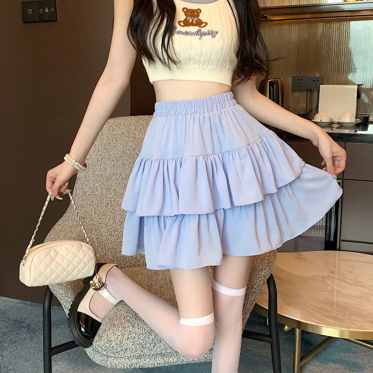 Ruffled Cake Skirts for Women High-waisted A-line Solid All-match Sweet Lovely Girls Korean Style Gentle Spring Kawaii Casual