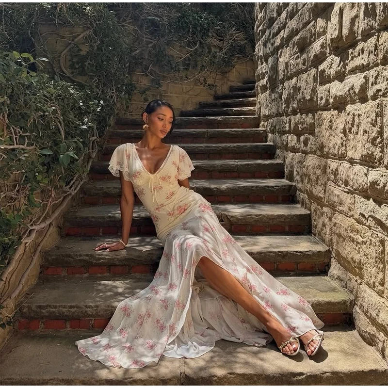 Chic Floral Puff Sleeve Women Maxi Dress Sexy V Neck Button Down Ruffle Slit Vestidos 2026 Summer New Lady Daily Party Sundress