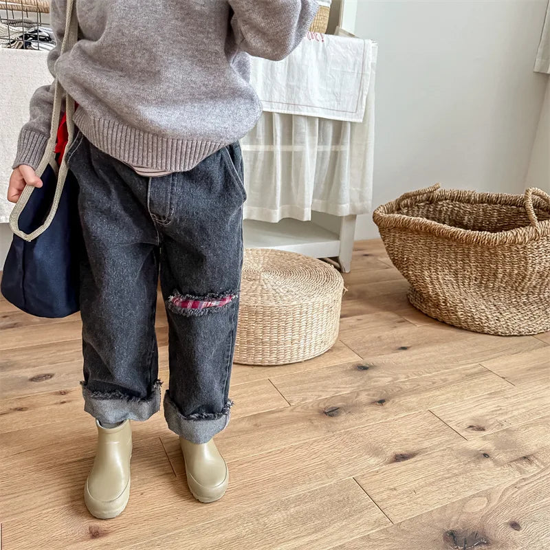 2023 Autumn Spring Baby Girls Boys Denim Pants Loose Fashion Korean Style Kids Casual Jeans Toddler Trouser Children's Clothes