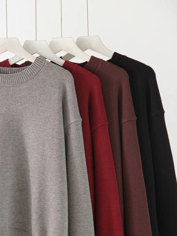 Oversize Burgundy Womens O Neck Knitwear Sweater Warm Winter Pullover