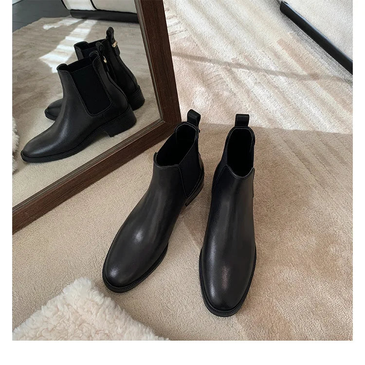 2026 Autumn/Winter Ankle Boots Women Basic Chelsea Botas Mujer Low Thick Heels Short Booties PU Leather Slip On Stretch Botines