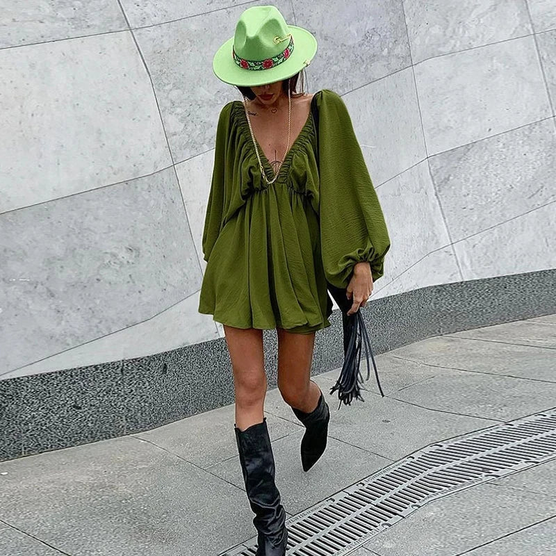 NHKDSASA Women Elegant Solid Loose Dress Summer Casual Long Sleeve Ruffle Dress Ladies Fashion V Neck A-line Party Dress Vestido