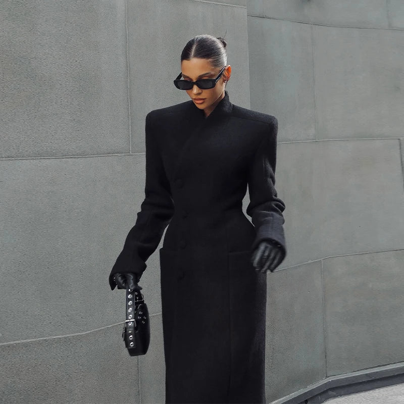 Elegant Long Coat Women V-neck Solid Slim Single-breasted Waist-closed Jackets Lady 2026 Spring Chic Female Streetwear