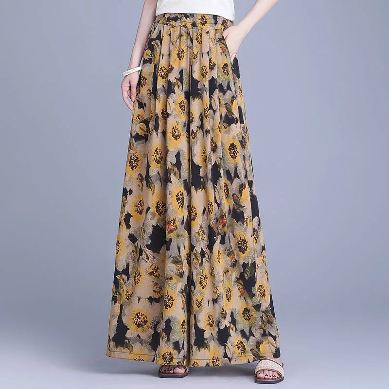 Trousers Chiffon Floral Skirts and Pants for Women in Summer New Thin High-waisted Ethnic Style Casual Wide-leg Pants