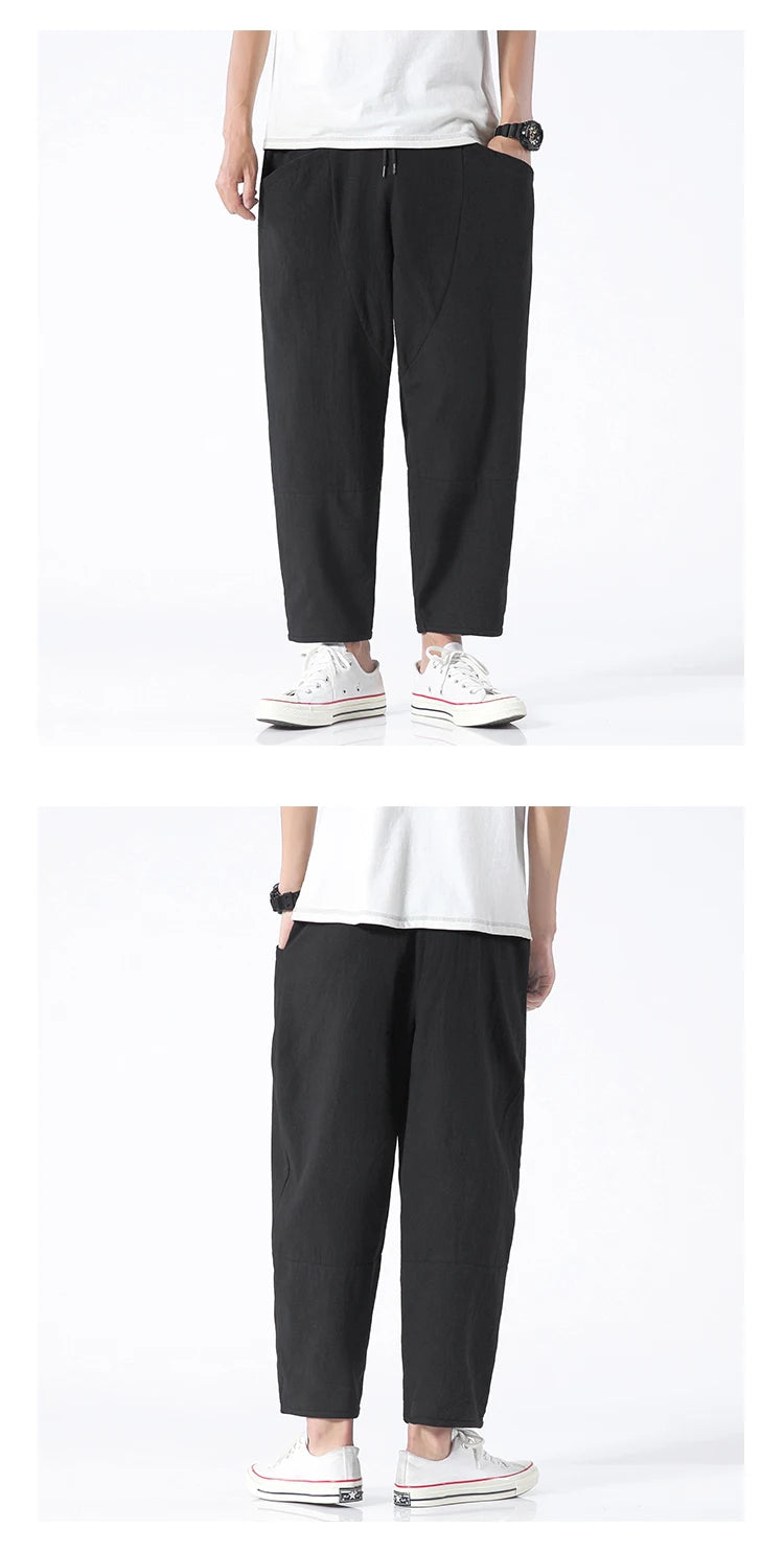 100% Cotton Men's Summer Casual Loose Pants Trendy Japanese Style Cropped Pants for plus Size Men up to 5XL
