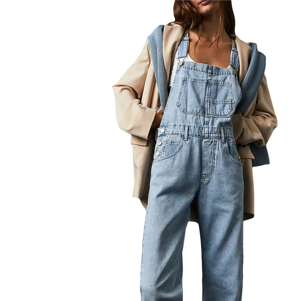 Lady Jumpsuits Retro Loose Straight Shoulder Straps Suspenders Pocket Overalls Casual Commuting Daily Work Wear Fashion Rompers