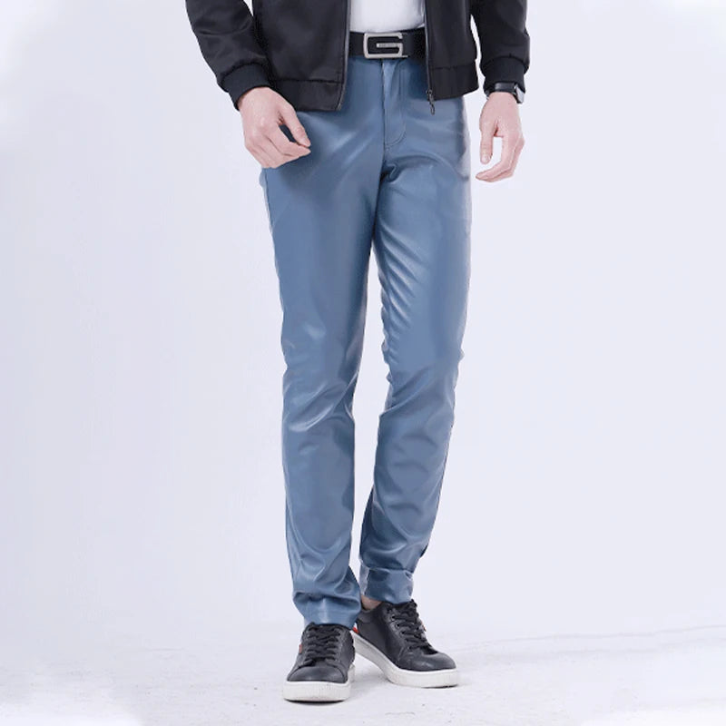 Men Leather Pants Skinny Fit Elasti Fashion PU Leather Trousers Motorcycle Pants Wet Look Stretch Faux Leather Streetwear