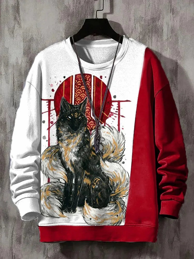 Japanese Fashion Men's Sweatshirt Funny Animal Graphic Ukiyo-e O-Neck Pullover Casual Pullover Tops Regular Fit Polyester Shirt