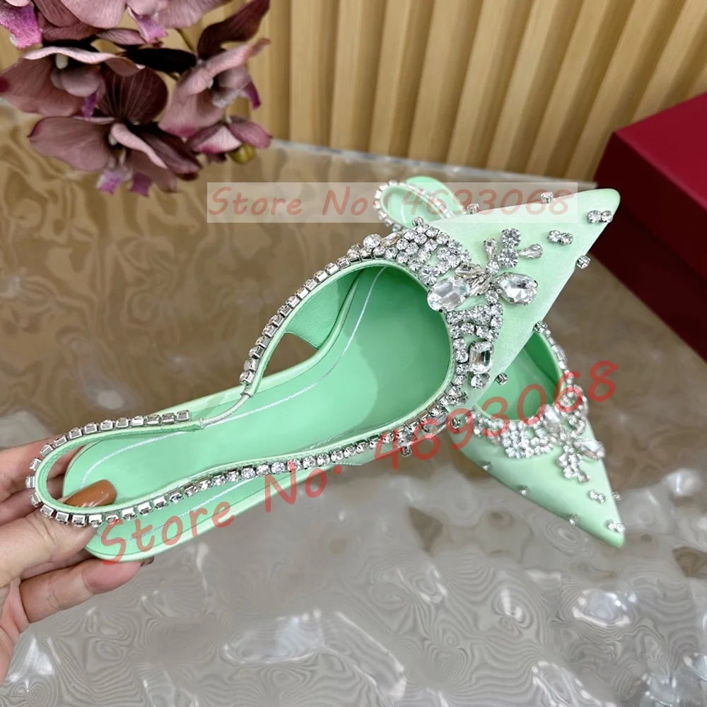 Luxury Crystal Flowers Back Strap Sandals Ladies Trendy Pointy Toe Classy Gems Satin Sandal Women Real Leather Evening Shoes