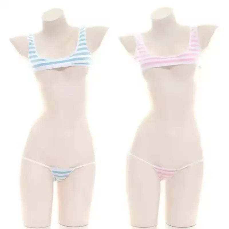Sexy Japanese Style  Blue White Stripe Bikini Swimsuit Striped Halter Micro Bikini Set Love Female StudenLolita Kawaii Swimsuit