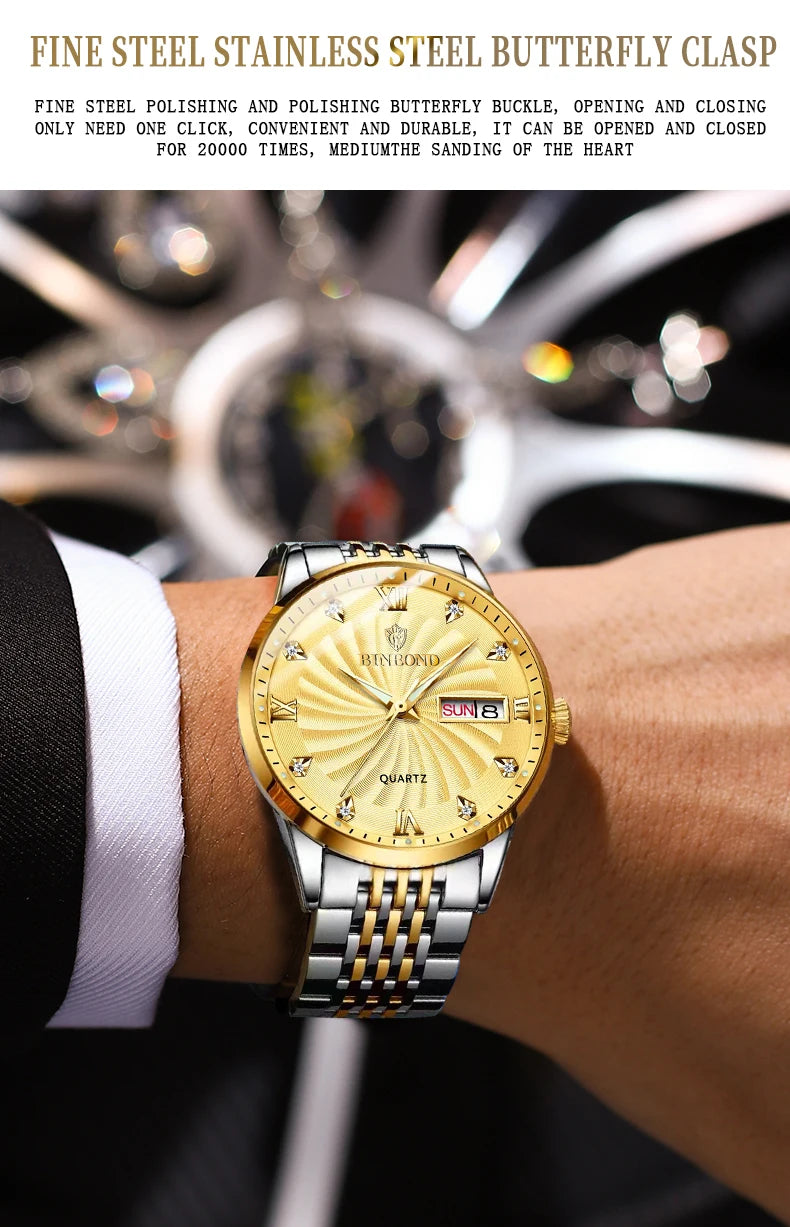 BINBOND Quartz Watches for Men Luxury Luminous Waterproof Precise Auto Date Week Display Men's Watch Casual Sturdy Reloj