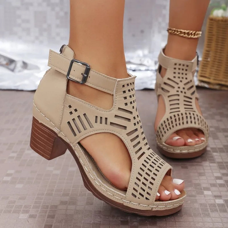 Sandals for Women 2026 New Thick Heeled Sandals Summer Breathable Hollow Out Sandals for Women Retro High Heels Roman Sandalias