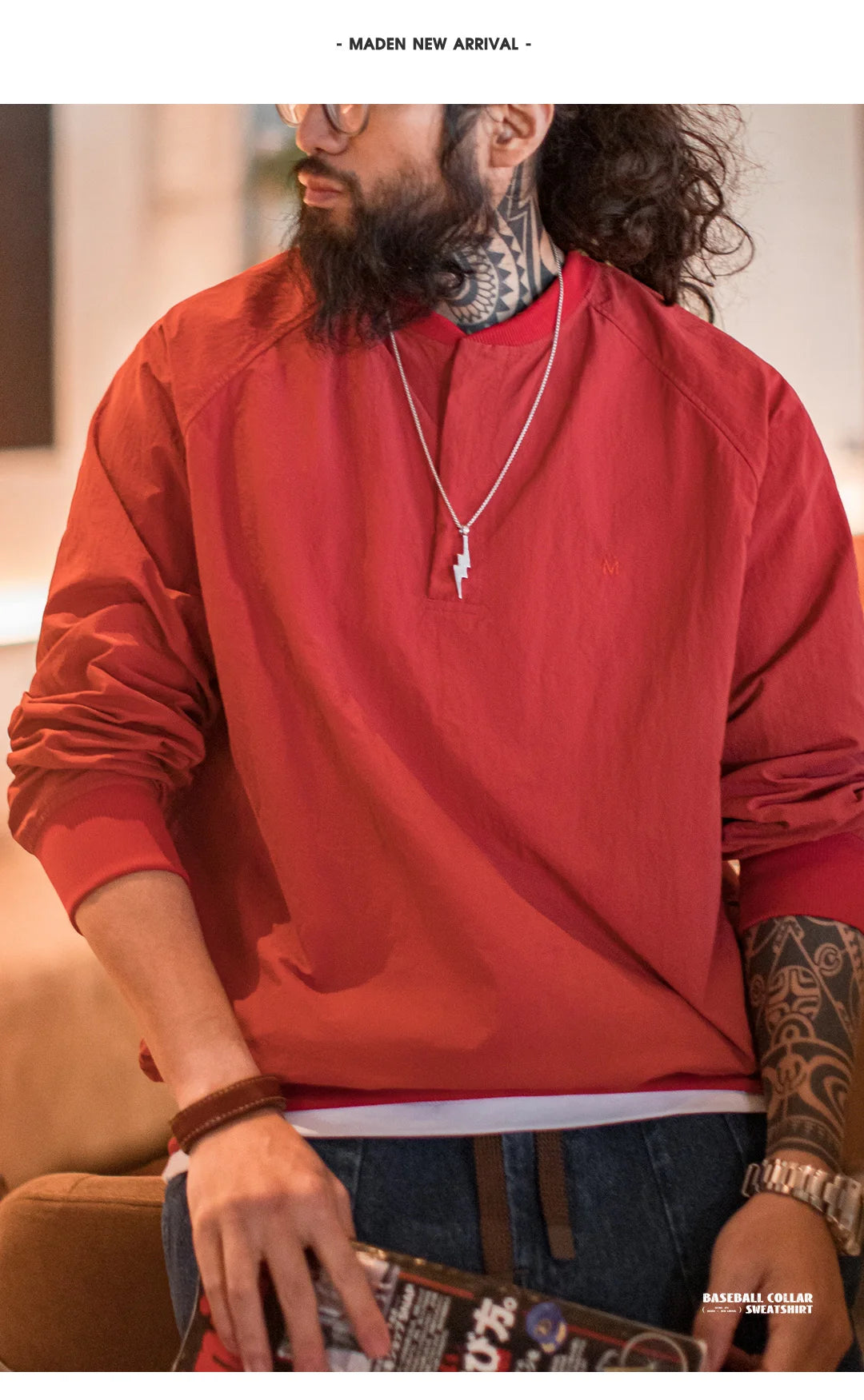 Maden Vintage Baseball Collar Sweatshirt New Year's Red Top Loose Round Neck Pullover for Men's Spring Fall Long-Sleeved T-Shirt