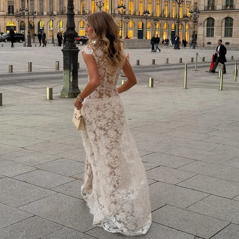 Solid Lace Halter Maxi Dress Sexy Cutout Waist Sheer Slim Fit Fishtail Long Gowns Women's Summer Evening Party Robes 2026 New