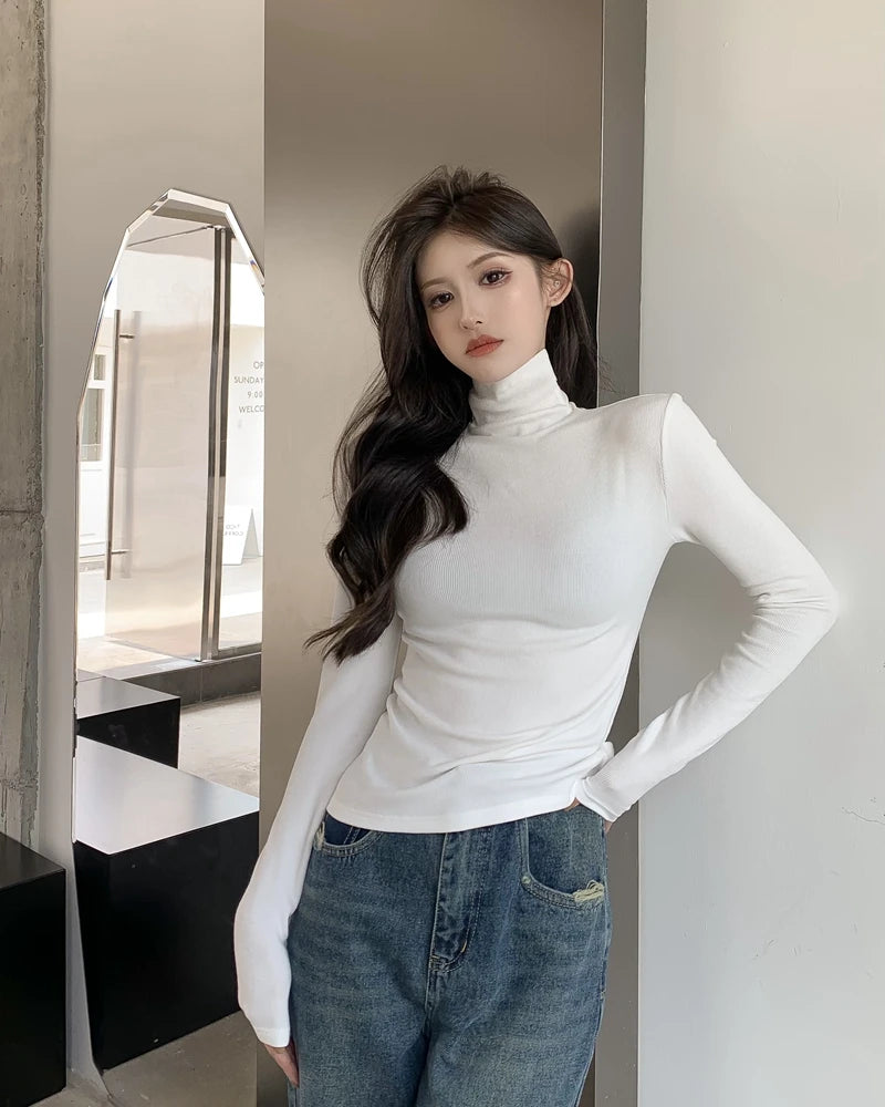 Warm Fce Lined High Collar Long Sve Base irt Women's Faionable Retro Versatile High Ne Base irt Trendy Commute ...