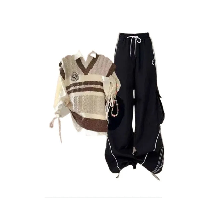 Women's Autumn Winter New Fashion Tracksuit Matching Set Korean Elegant Vintage Knit Vest+Shirt+Casual Cargo Pants 3-piece Suit