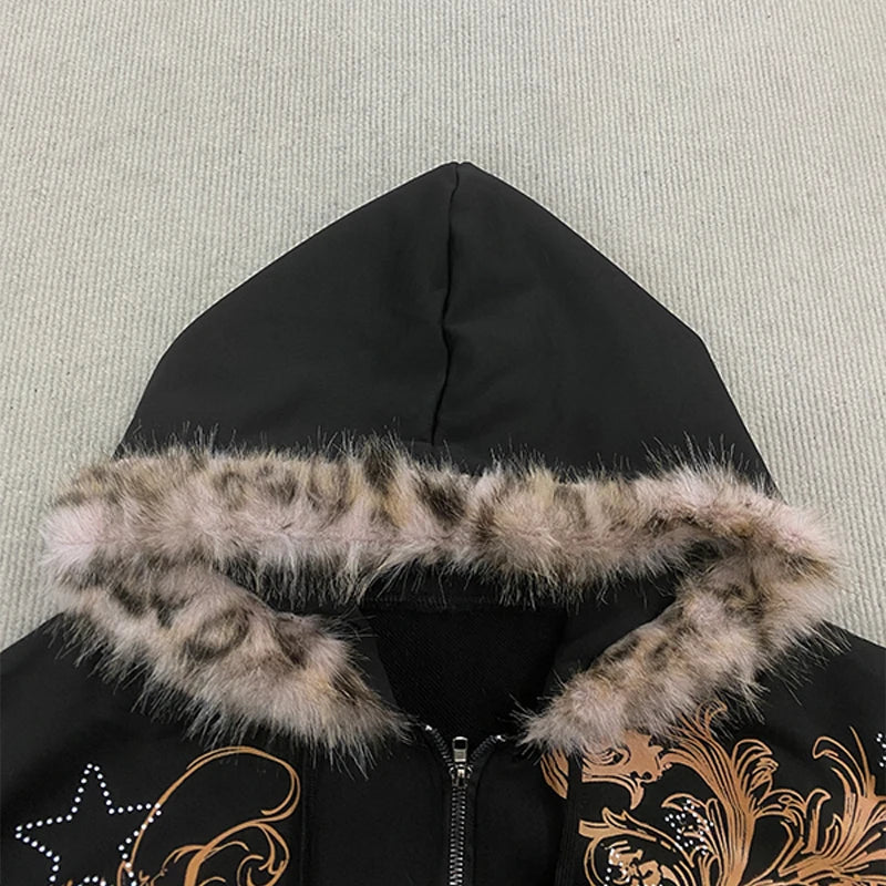 Winter Warm Gothic Print Hoodie Women's Clothin Faux Fur Crop Top Zip-Up Sweatshirt Fashion Y2K Streetwear Hooded Jacket 2026New