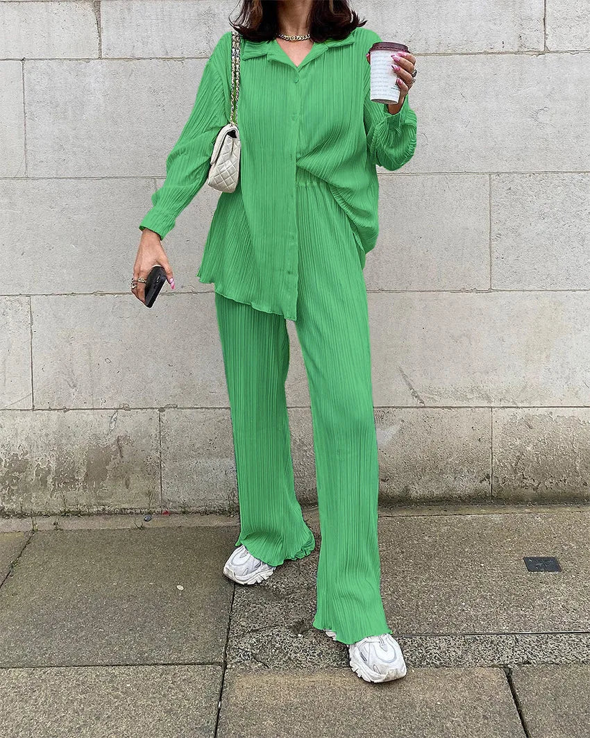 New Two Piece Set Women Outfits Pleated Women's Elegant  Drape Loose Sets Shirt High Waist Trousers Female Suit Fashion Casual