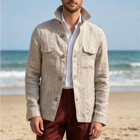 Men's Linen Safari Jacket Vintage Stand Collar Breathable Multi-Pocket Lightweight Casual Blazer Cotton Linen Blend For Summer
