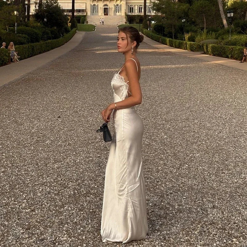 Women V-neck Satin Sling Maxi Dress Sexy White Lace Patchwork Sleeveless Backless Slim Gowns 2026 Evening Party Chic Dresses New