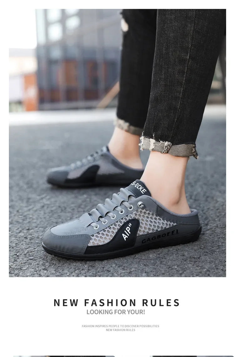 Men's Summer New Large Size Comfortable Half Support Fashionable Korean Style Breathable Popular Casual Shoes Mesh Lining