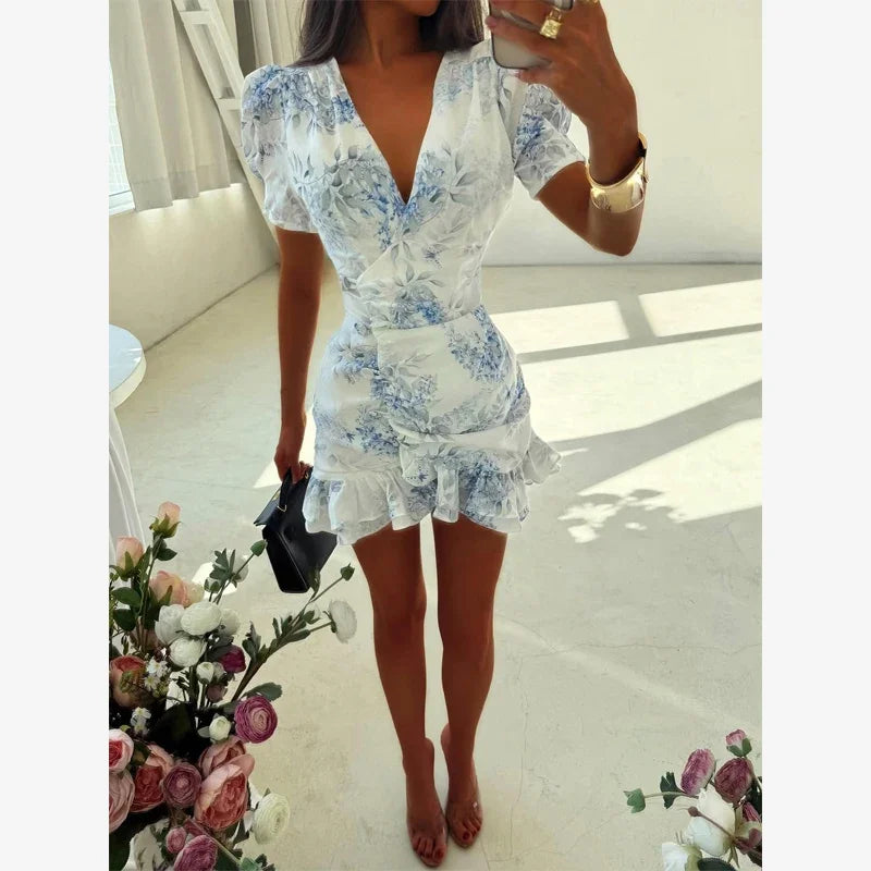 Chic Ruffle Print Slim Fit Dress Women Chic Flared sleeves V-neck Pleated Short Dresses 2026 Lady Summer Casual Daily Vestidos BAZAARHUBO