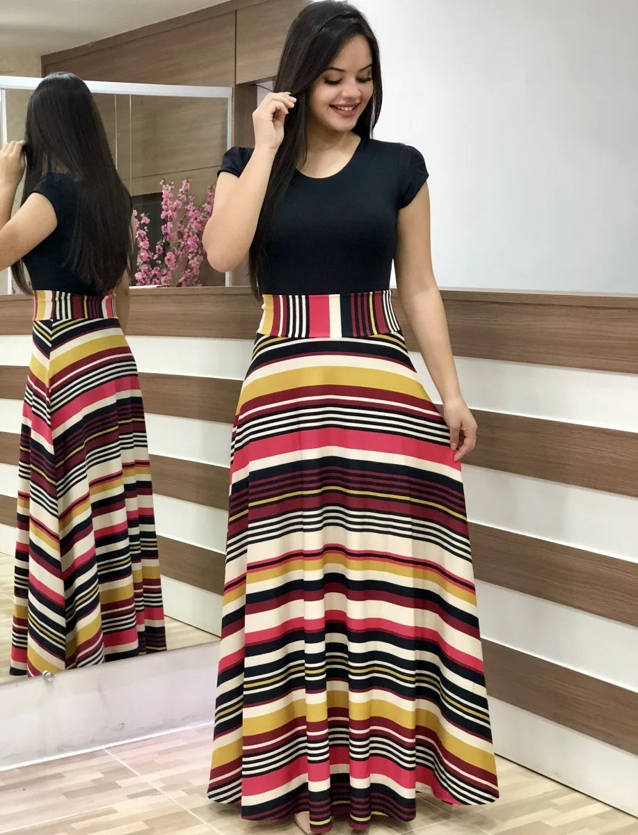 2024 European and American style flower print color matching short sleeved dress for women's large swing skirt BAZAARHUBO