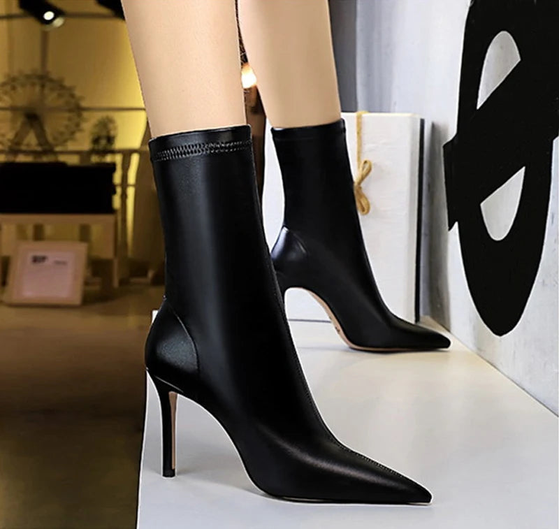 Eilyken Fashion Winter High Quality Soft PU Leather Socks Women Ankle Boots Street Style Pointed Toe Thin Heels Ladies Botines