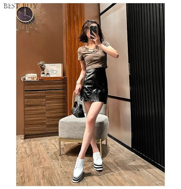 New beige Women Platform Casual Shoes 2024 Spring Black Casual Chunky Sneakers Women Real Leather White Height Increasing Shoes