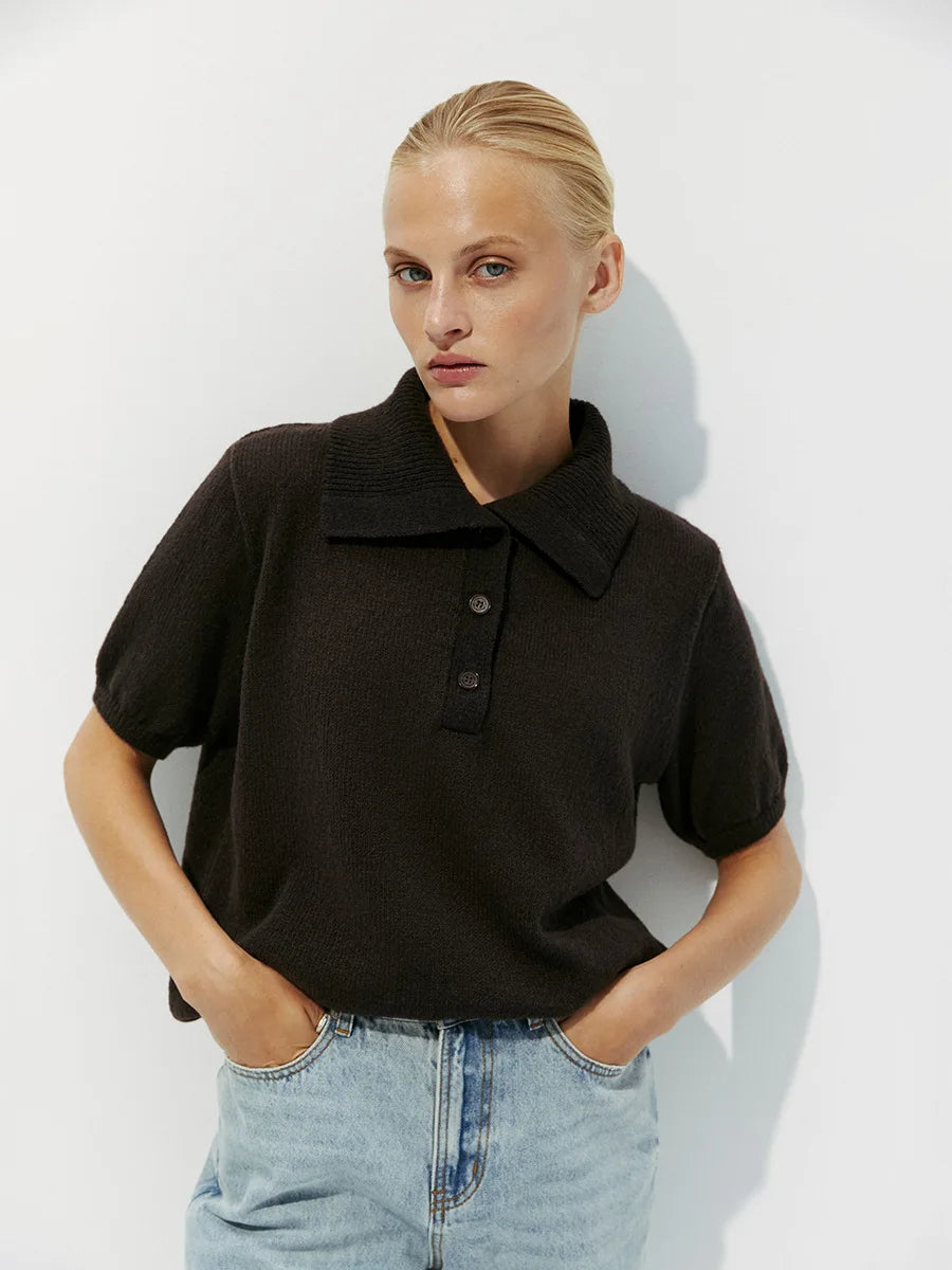 Bronladies Women's Polo Hollow Knitted Short Sleeved Sweater Spring Summer Bubble Sleeve T-shirt Female Simple Knitted Sweater