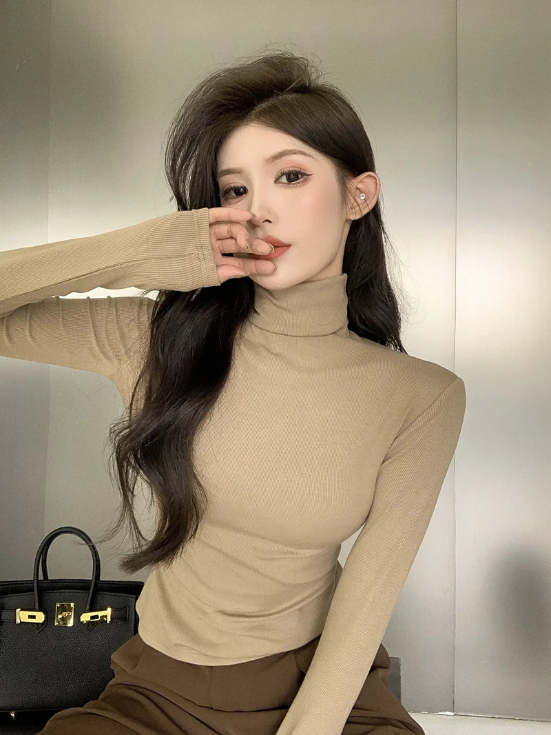 Warm Fce Lined High Collar Long Sve Base irt Women's Faionable Retro Versatile High Ne Base irt Trendy Commute ...