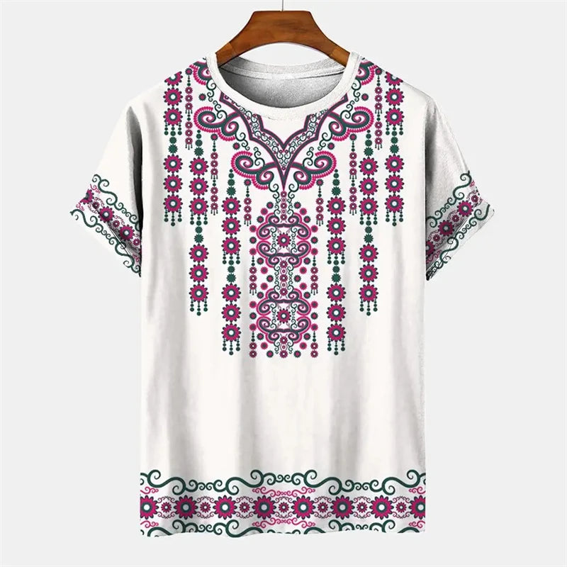 Summer Men's Vintage T-shirt African Tradition Stripe Printed T Shirts Casual O-Neck Short Sleeve Tees Street Fashion Loose Tops