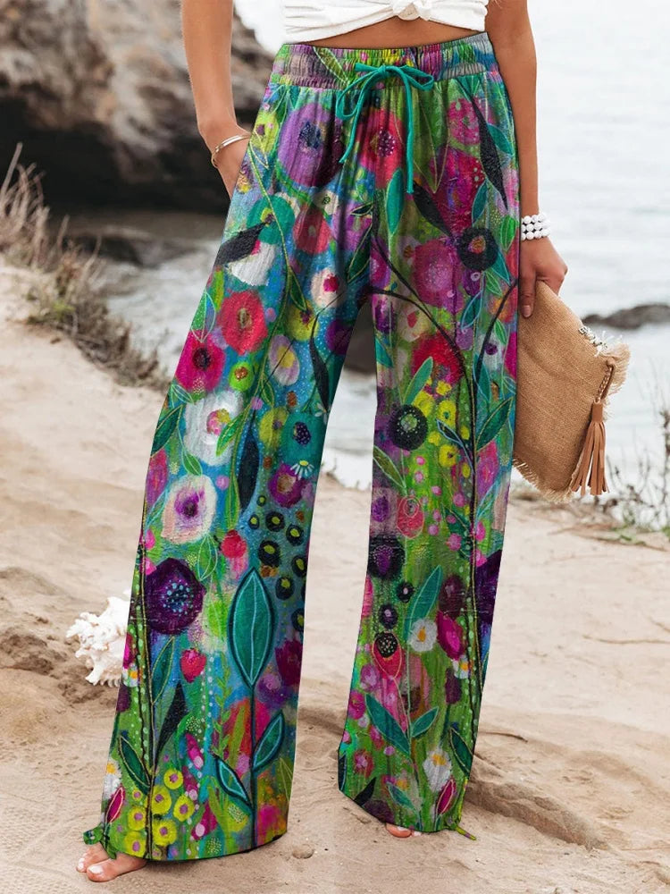 2025 New Women's Drawstring Relaxed-Fit Casual Pants 3D Floral Print Comfortable Breathable Fashionable Wide-Leg Pants