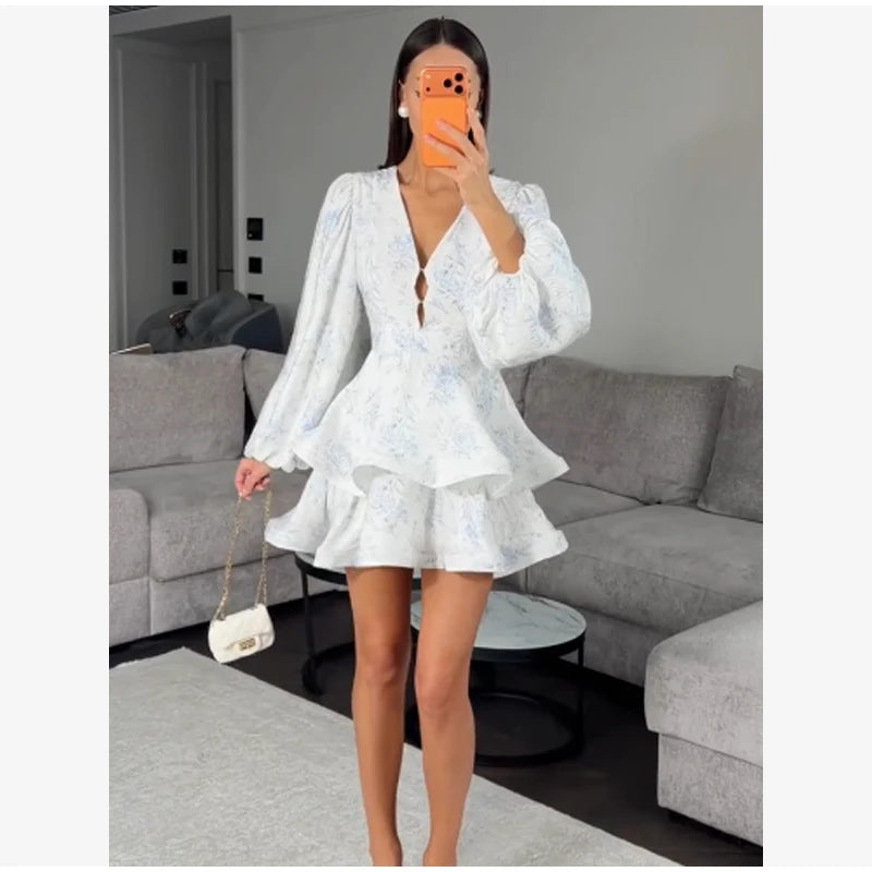 Elegant Floral Printed Waist-cinched Mini Dress Women Pleated Deep V-neck Long Sleeve Button-front Dresses Fashion Party Robe