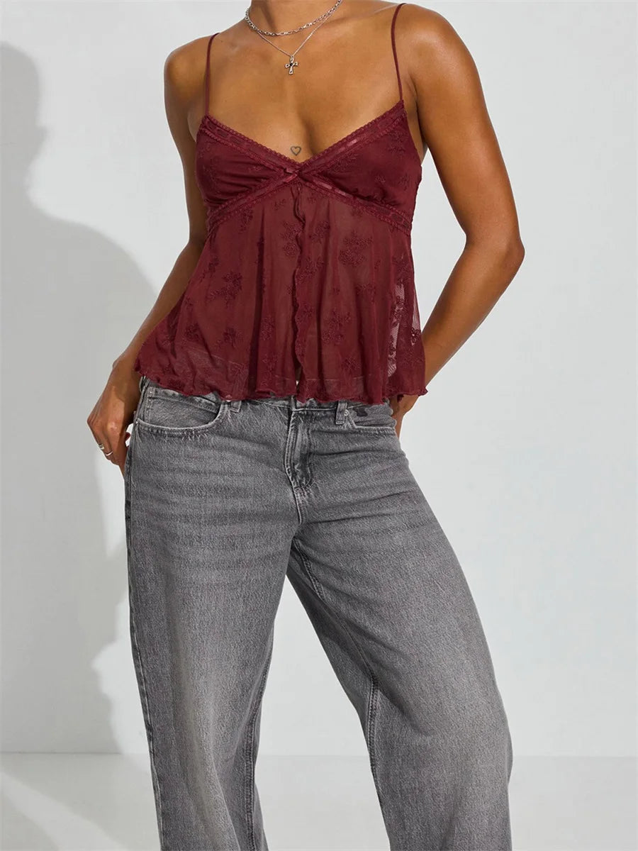 Y2K Crop Tank Top Women Sleeveless Camisole Spaghetti Strap Mesh Floral Backless