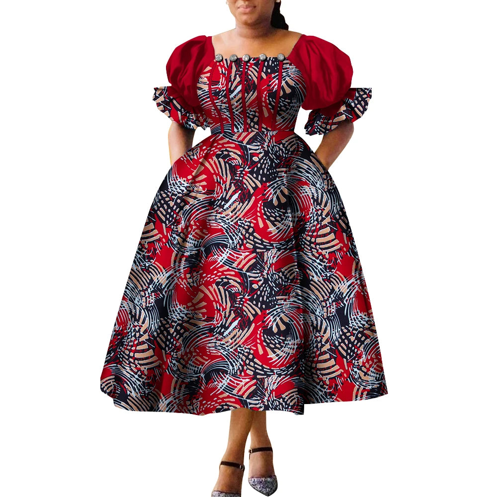 African Style Dresses for Women Puff Sleeve High Waist Gowns Ankara African Dress Princess Dress Robe Africaine Femme WY9970