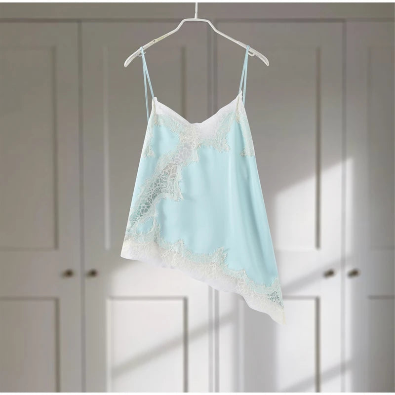 Lace Spliced Square Neck Spaghetti Strap Blouse Loose Fit Cropped 2026 Summer Women Chiffon Top Causal Delicate Lady Blusa