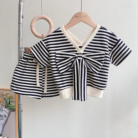 Casual 2-Piece Set for Toddler Girls – Striped V-Neck Shirt with Bow & Shorts, Summer Outfit Toddler Girl Clothes