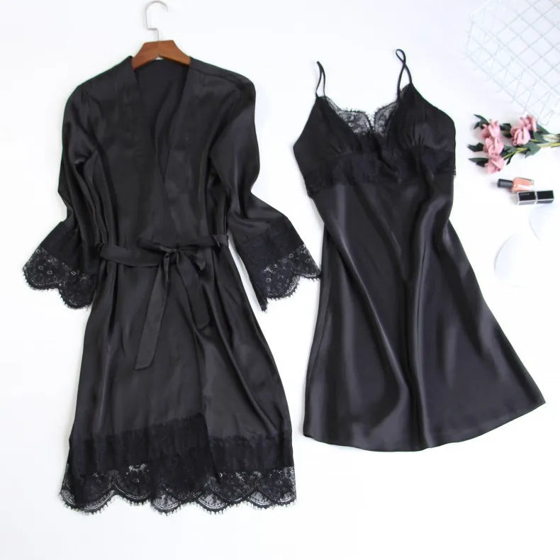 Women Pajamas Five Piece Set Spring Summer Sleepwear Nightgown Sexy Lace Bath Robe Gown Loose Silk Satin Home Wear Loungewear