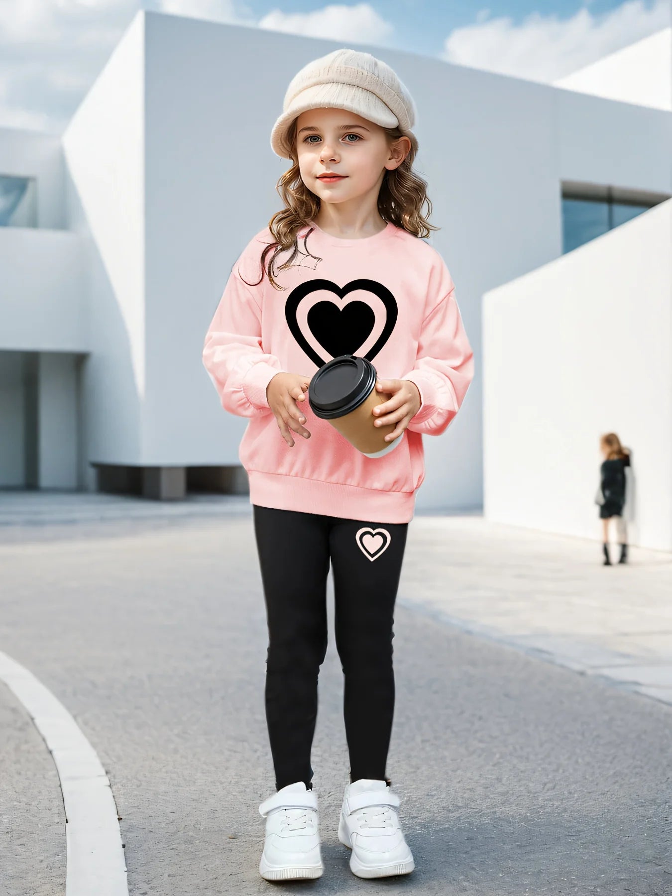Children's Clothing Girls 2Pcs Cartoon Love Print Fashion Casual Long-Sleeved Sweatshirts and Leggings Pink Sweatshirt with Black Pants Set