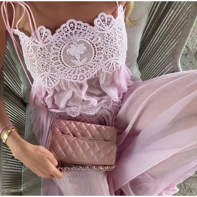 See Through Lace Vest Pant Set Women Beach Sling  Tops Pleated Straight Pants 2026 Summer Vacation Hollow Out Lady Suits