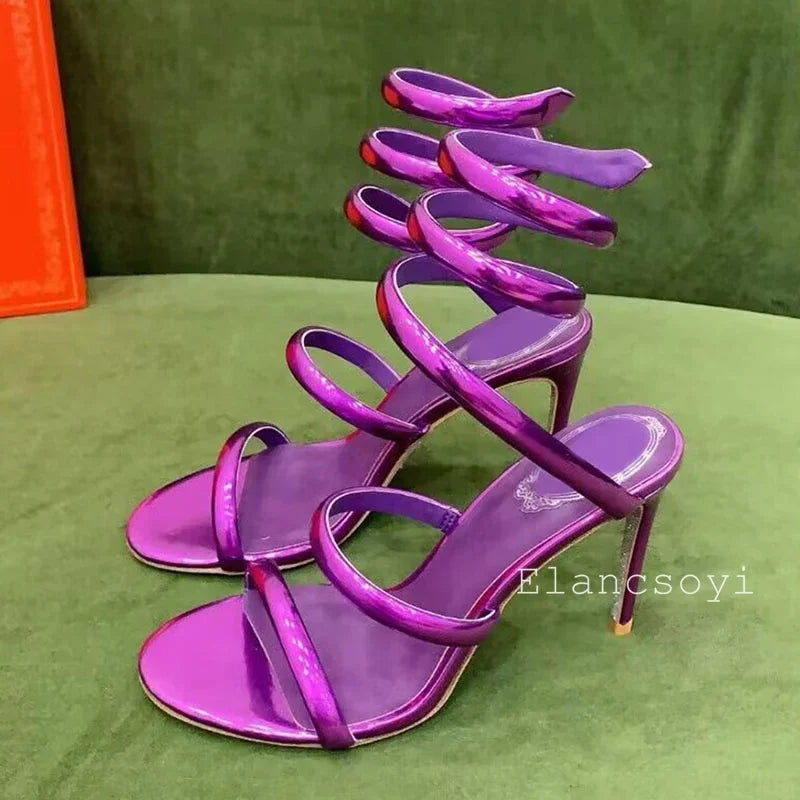 Sexy Thin Heels Sandals Summer Women Real Leather Ankle Snake Shaped Winding Banquet Shoes Summer High Heels Gladiator Sandalias