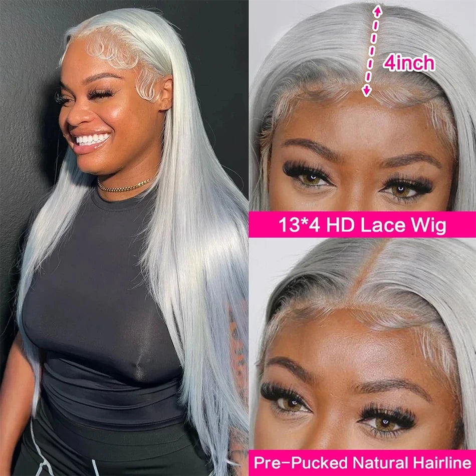 Silver Grey Human Hair Wigs Brazilian 13x4 Straight Lace Front Wigs For Women Grey 613 Colored Hd Transparent Lace Frontal Wig