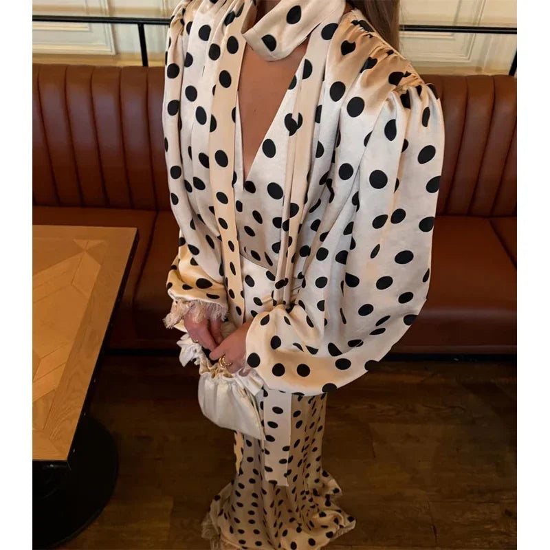Polka Dot Polka Dot Skirt 2 Piece Set Women Elegant Scarf  Long Sleeve Shirts Suit Spring Lady Fashion Commucate Outwear 2026