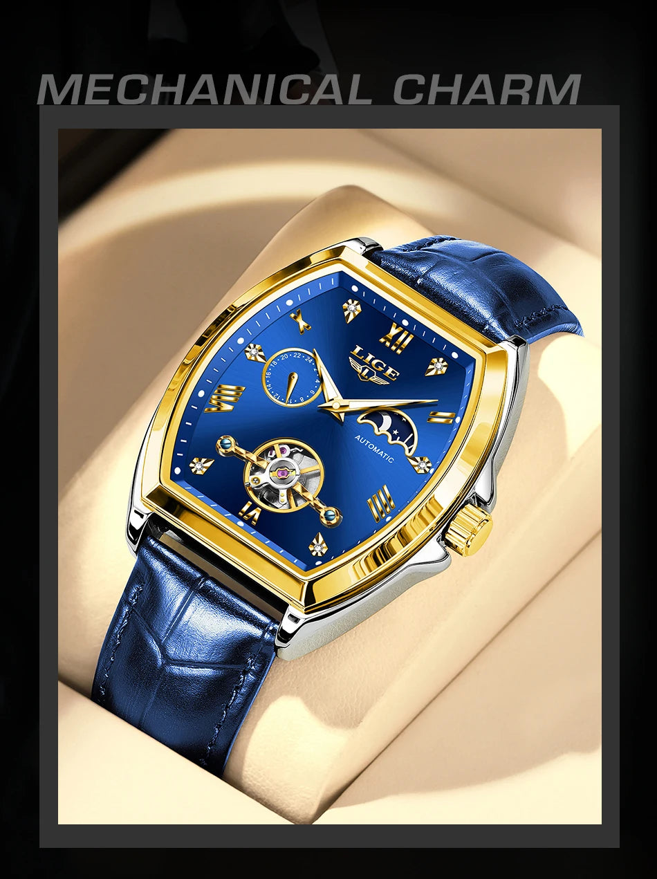 LIGE Luxury Mens Rectangular Dial Mechanical Watches Waterproof Leather Automatic Luminous Watch Business Men relogios masculino