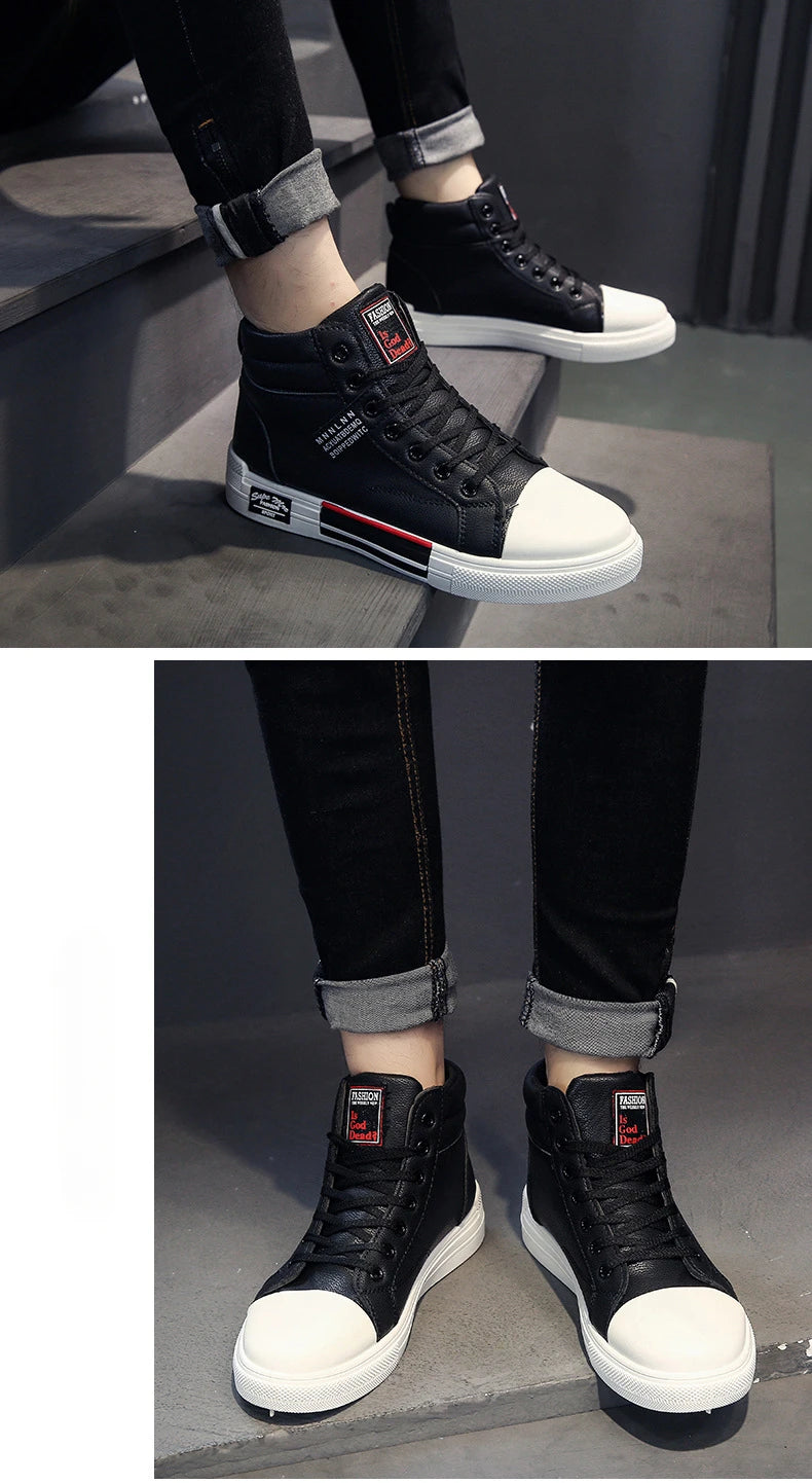 Fashion Leather Men Canvas Shoes Casual High-Top Shoes Autumn Men Non-Slip Tennis Sneakers Summer Flat Shoes Zapatillas