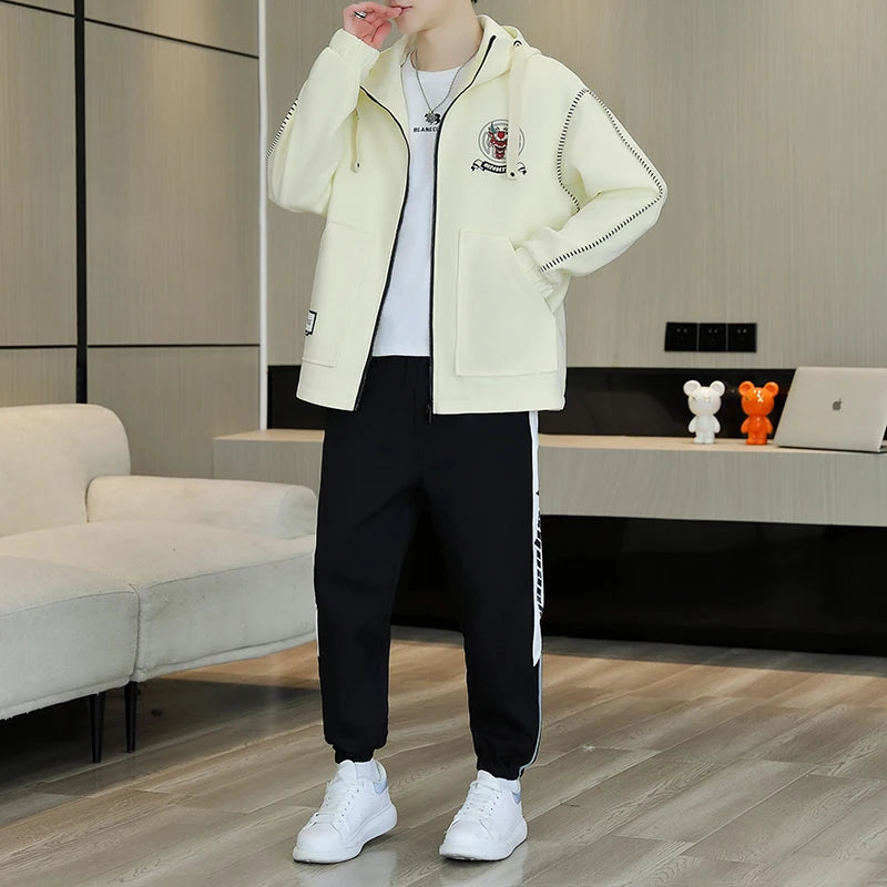 Hooded Jackets And Pants Two Piece Men's Sets 2026 Spring Autumn Youth Streetwear Tracksuits Outdoor Top Coats & Jogger Clothing