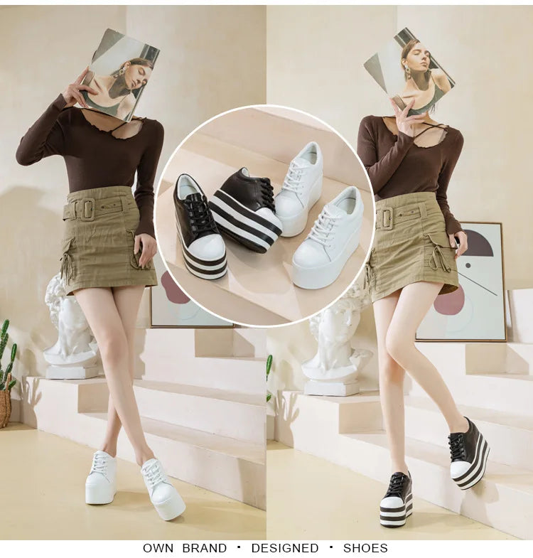 Fujin 12cm Genuine Leather Synthetic Women Autumn Spring Platform Wedge Women Fashion Sneakers Chunky Shoes Vulcanize Skateboard