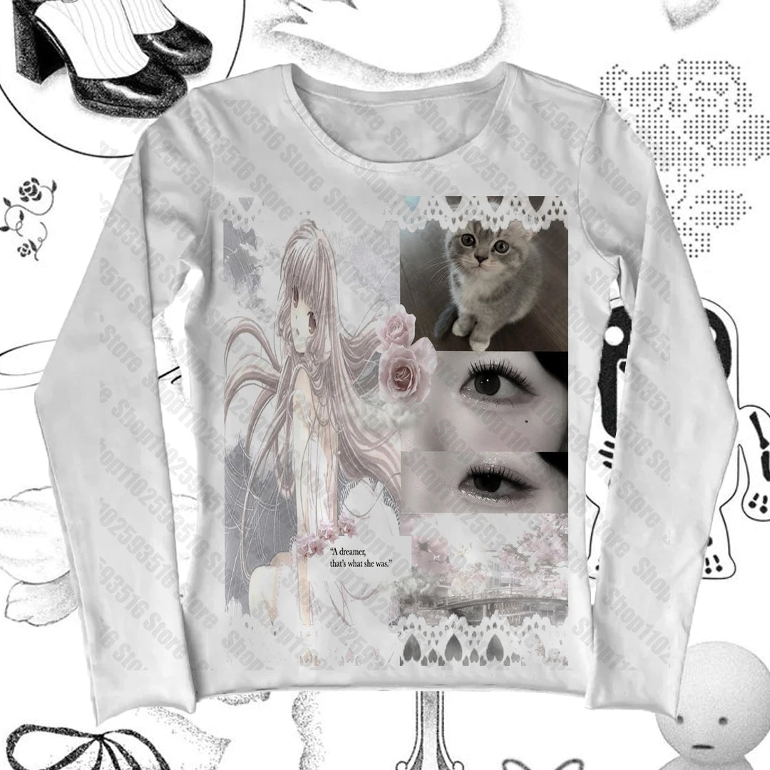 Harajuku Emo 90s Vintage Clothes for Women Kpop Goth Trashy Y2k 2000s Tops Female Clothing Long Sleeve Graphic Tees Y2k Kitty