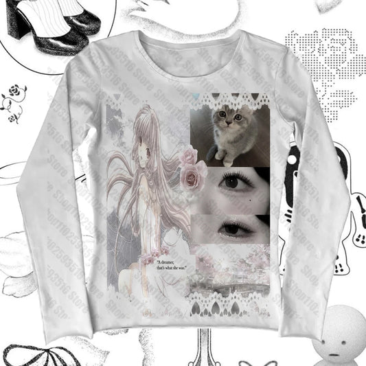 Harajuku Emo 90s Vintage Clothes for Women Kpop Goth Trashy Y2k 2000s Tops Female Clothing Long Sleeve Graphic Tees Y2k Kitty